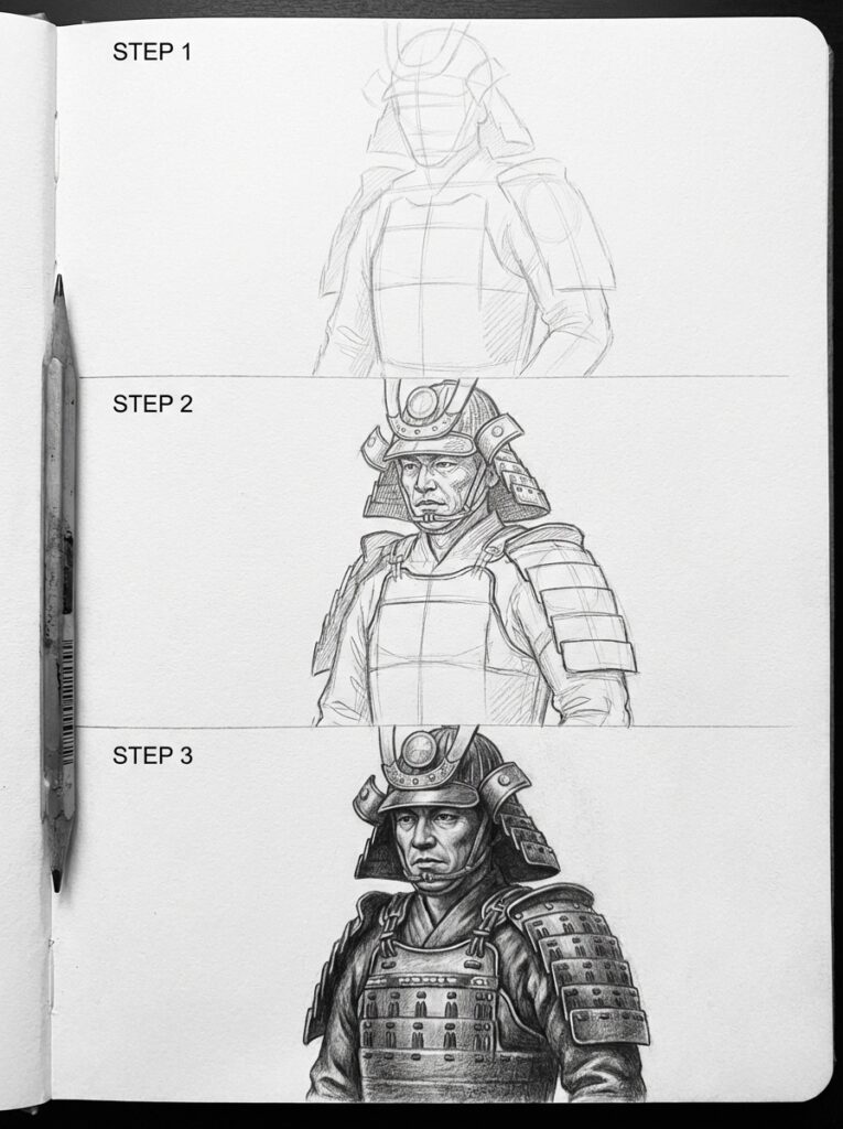 sketch-tutorial 1 Step-by-step pencil drawing of a samurai in armor, showing progress from rough sketch to detailed artwork on sketchbook paper. | Sky Rye Design Step-by-step pencil drawing of a samurai in armor, showing progress from rough sketch to detailed artwork on sketchbook paper.