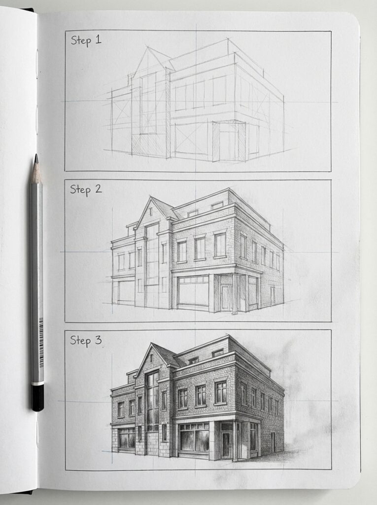 sketch-tutorial 10 Sketchbook showing architectural drawing steps: from basic outline to detailed building design with pencil on the left. | Sky Rye Design Sketchbook showing architectural drawing steps: from basic outline to detailed building design with pencil on the left.