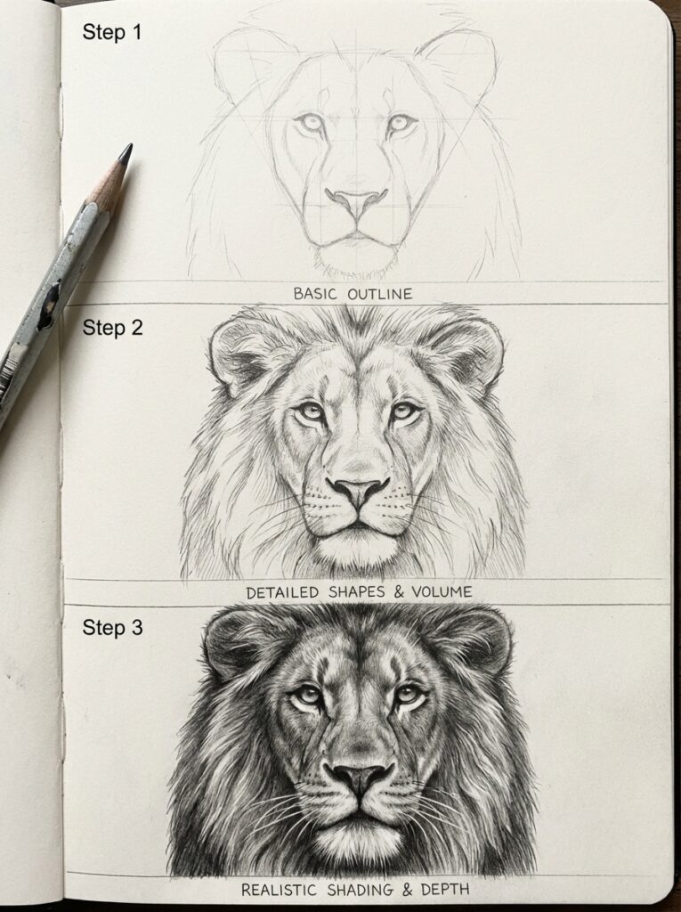 sketch-tutorial 10 Step-by-step lion drawing guide: basic outline, detailed shapes, realistic shading. Perfect for artists learning sketching techniques. | Sky Rye Design Step-by-step lion drawing guide: basic outline, detailed shapes, realistic shading. Perfect for artists learning sketching techniques.