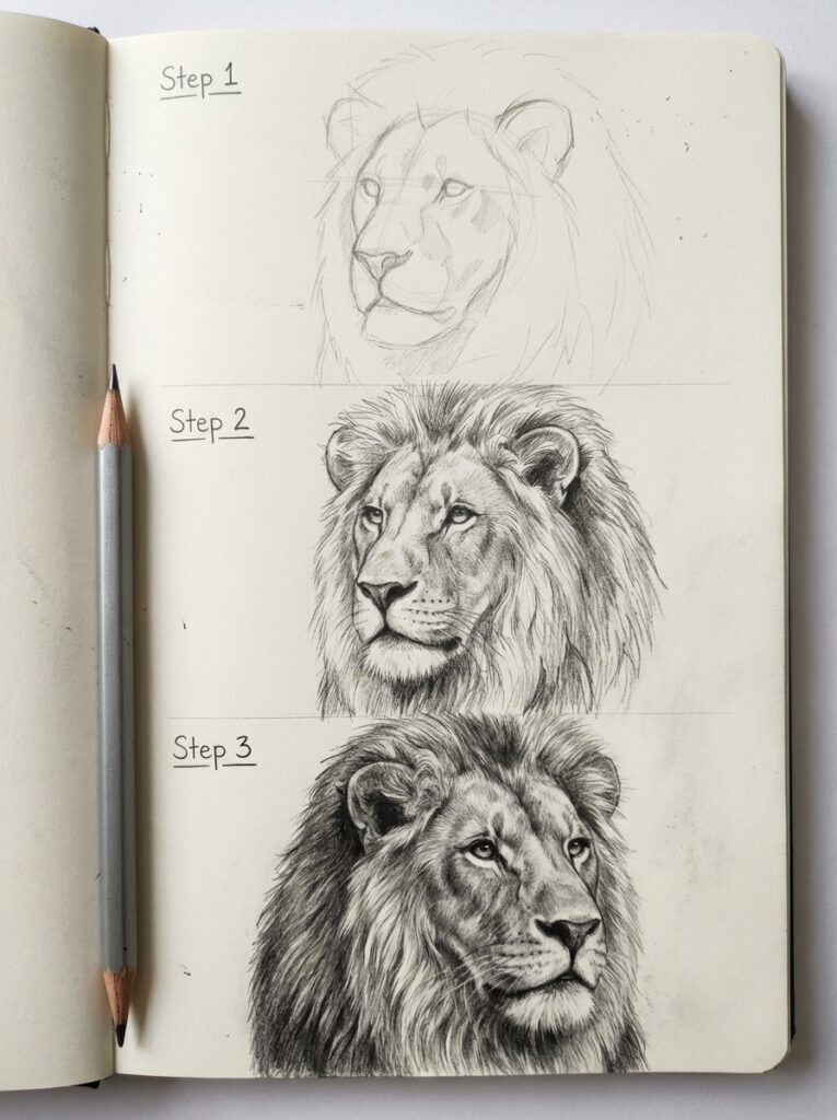 sketch-tutorial 11 Step-by-step pencil drawing of a lion's head, progressing from outline to detailed sketch, showcasing artistic techniques. | Sky Rye Design Step-by-step pencil drawing of a lion's head, progressing from outline to detailed sketch, showcasing artistic techniques.