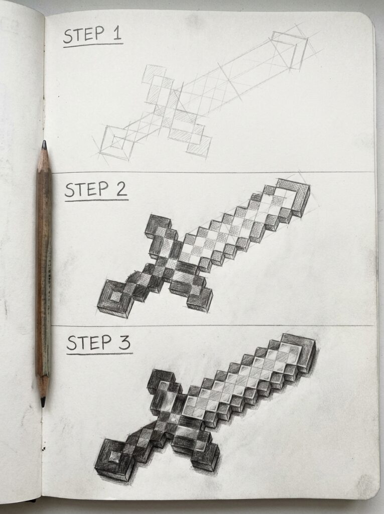 sketch-tutorial 14 Step-by-step pencil drawing tutorial of a pixelated sword, illustrating three stages from sketch to detailed shading. | Sky Rye Design Step-by-step pencil drawing tutorial of a pixelated sword, illustrating three stages from sketch to detailed shading.