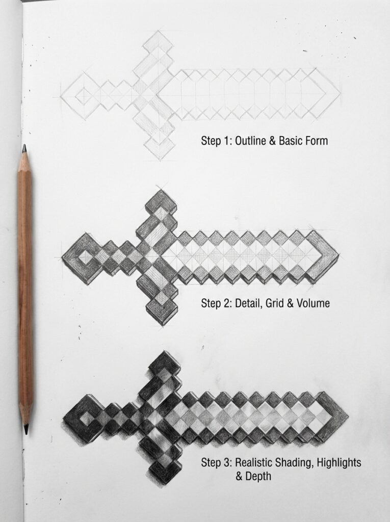 sketch-tutorial 15 Step-by-step pixel sword drawing guide with shading details and a pencil for sketching. | Sky Rye Design Step-by-step pixel sword drawing guide with shading details and a pencil for sketching.