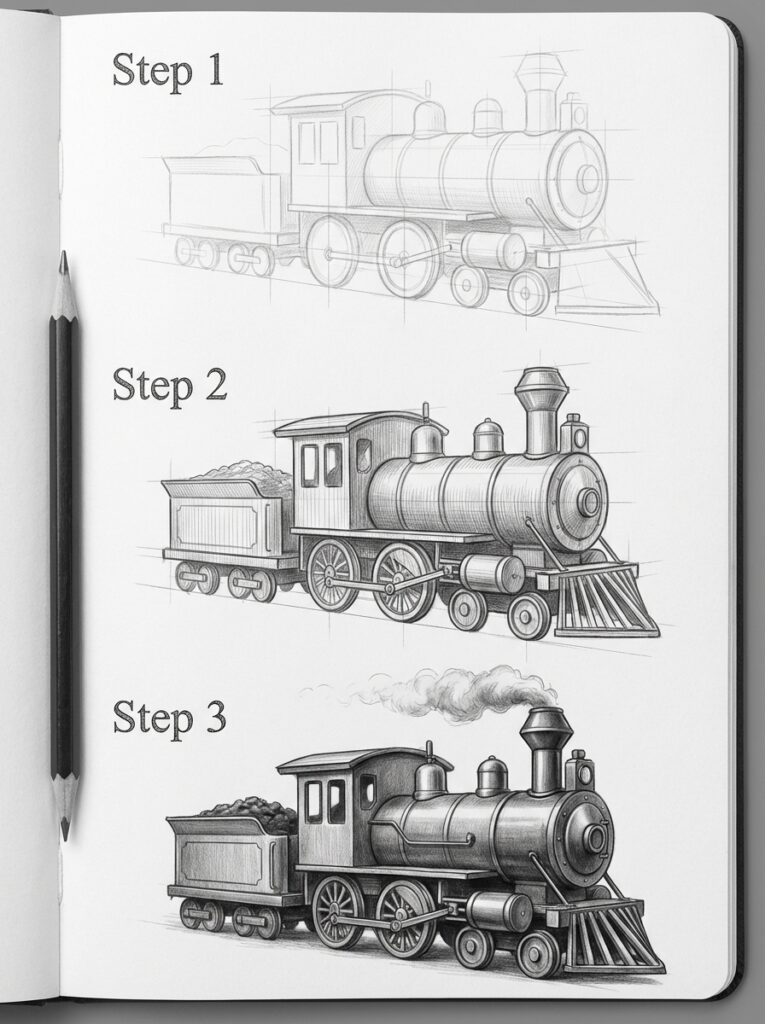 sketch-tutorial 16 Sketch tutorial showing three steps to draw a detailed steam locomotive, starting with rough outlines and finishing with shading. | Sky Rye Design Sketch tutorial showing three steps to draw a detailed steam locomotive, starting with rough outlines and finishing with shading.