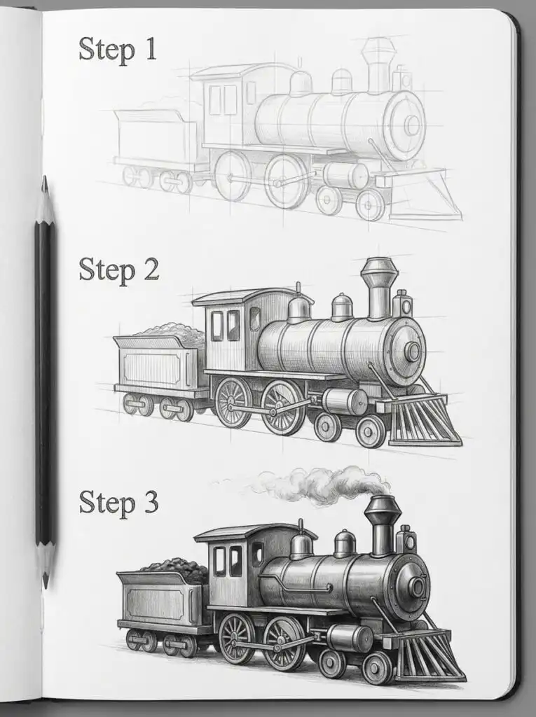 Sketch tutorial showing three steps to draw a detailed steam locomotive, starting with rough outlines and finishing with shading.