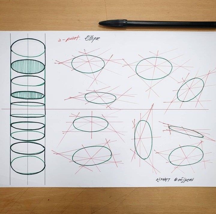 sketch-tutorial 161 Drawing of ellipses and cylinders on paper, with a pen nearby. Two-point perspective sketches in red and green. | Sky Rye Design Drawing of ellipses and cylinders on paper, with a pen nearby. Two-point perspective sketches in red and green.