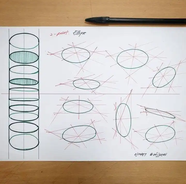 Drawing of ellipses and cylinders on paper, with a pen nearby. Two-point perspective sketches in red and green.