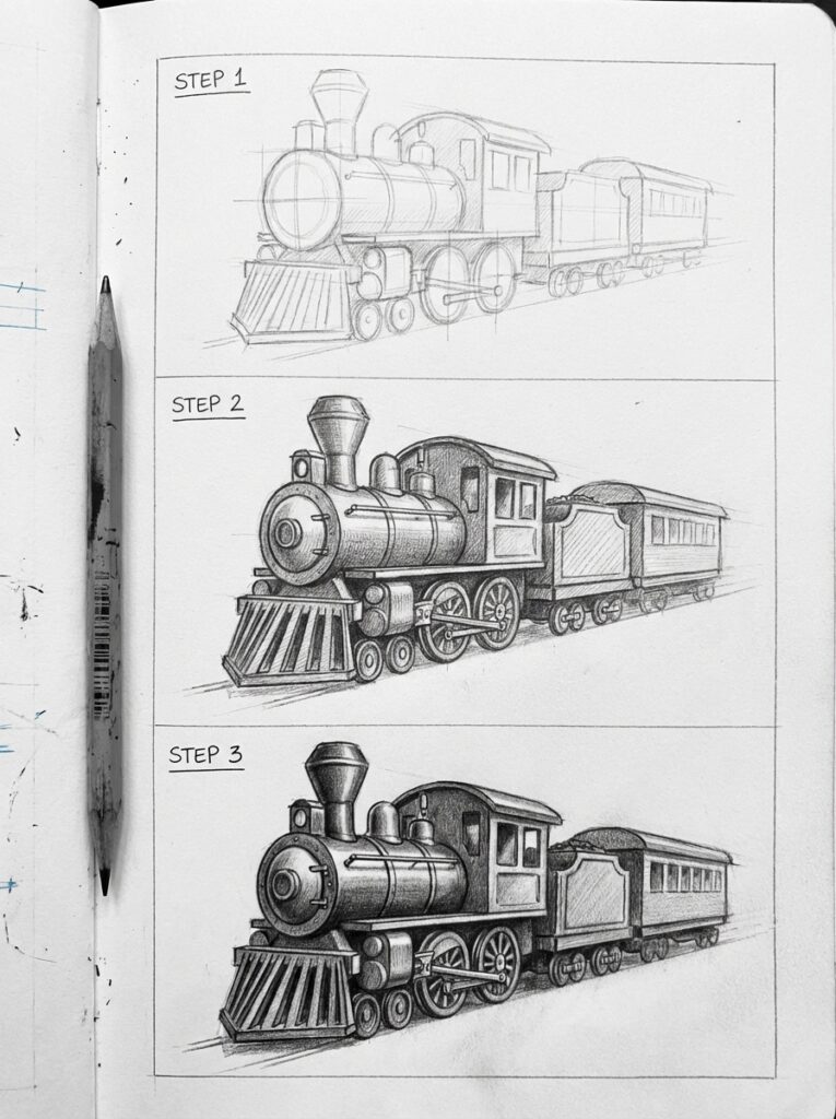 sketch-tutorial 17 Step-by-step guide to drawing a detailed vintage train. Sketch shows pencil drawing from outline to shading completion. | Sky Rye Design Step-by-step guide to drawing a detailed vintage train. Sketch shows pencil drawing from outline to shading completion.