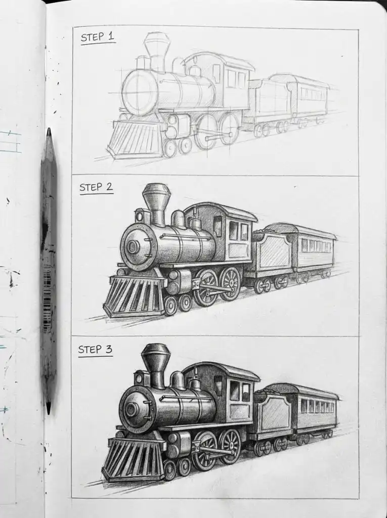 Step-by-step guide to drawing a detailed vintage train. Sketch shows pencil drawing from outline to shading completion.