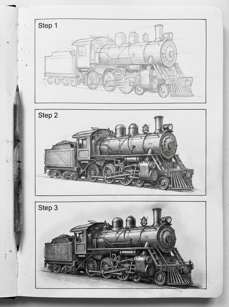 sketch-tutorial 18 Step-by-step pencil sketch of a steam locomotive in a notebook, showcasing artistic progression from outline to detailed shading. | Sky Rye Design Step-by-step pencil sketch of a steam locomotive in a notebook, showcasing artistic progression from outline to detailed shading.