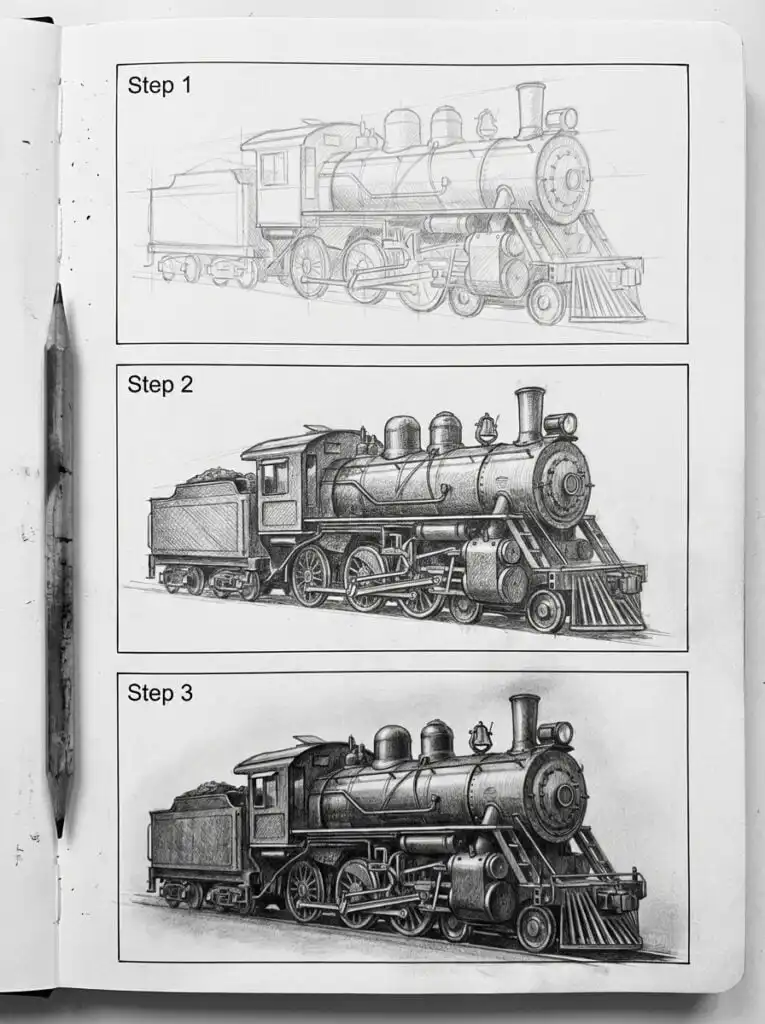 Step-by-step pencil sketch of a steam locomotive in a notebook, showcasing artistic progression from outline to detailed shading.