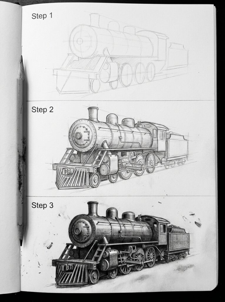 sketch-tutorial 19 Step-by-step pencil drawing of a steam locomotive, showcasing progress from sketch to detailed illustration with shading. | Sky Rye Design Step-by-step pencil drawing of a steam locomotive, showcasing progress from sketch to detailed illustration with shading.