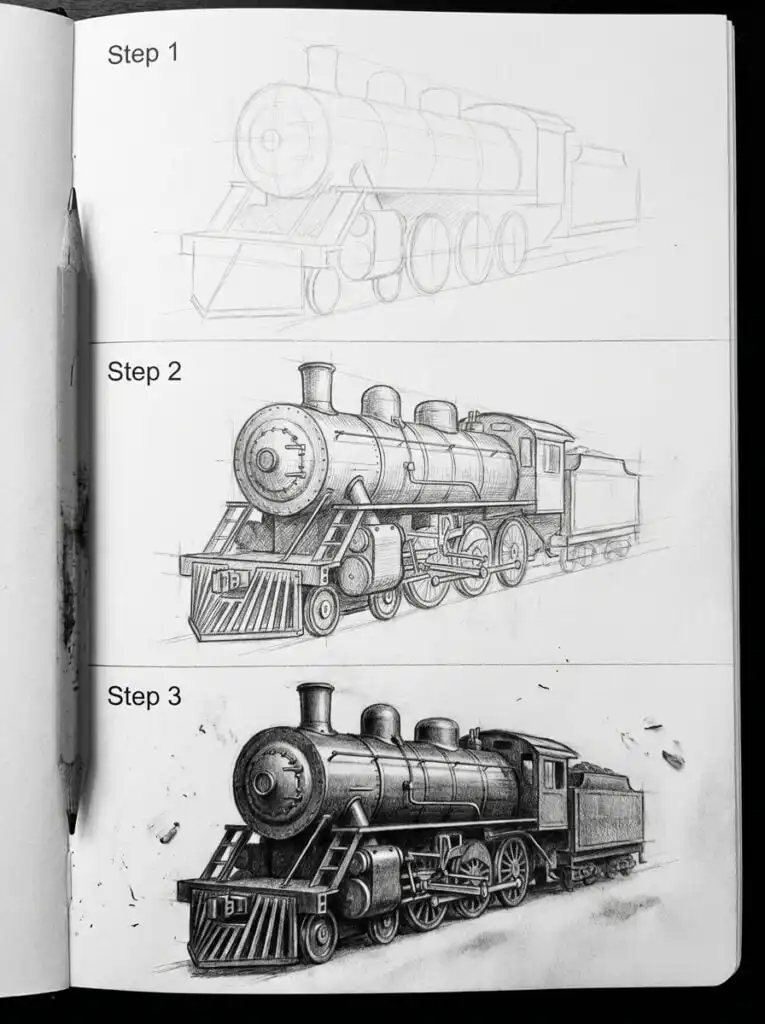 Step-by-step pencil drawing of a steam locomotive, showcasing progress from sketch to detailed illustration with shading.