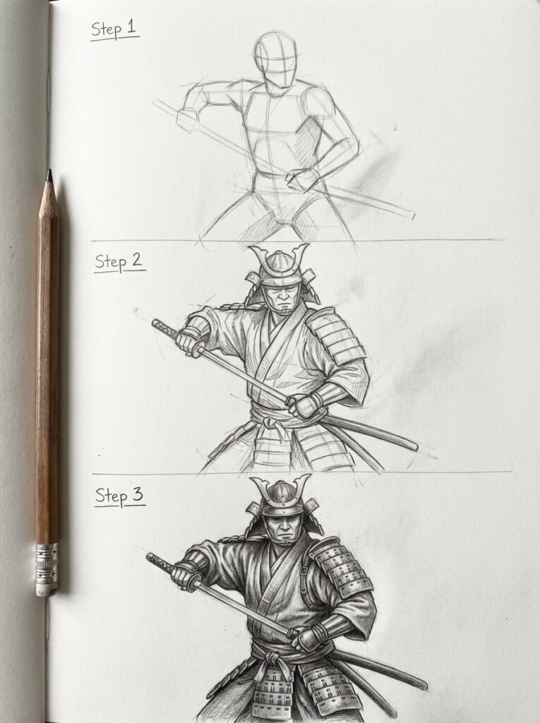 sketch-tutorial 2 Drawing tutorial for a samurai warrior: steps show sketching from basic form to detailed armor with pencil. | Sky Rye Design Drawing tutorial for a samurai warrior: steps show sketching from basic form to detailed armor with pencil.