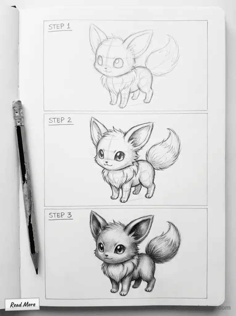 Step-by-step guide to drawing a cute cartoon fox in three stages with pencil sketching techniques on paper.