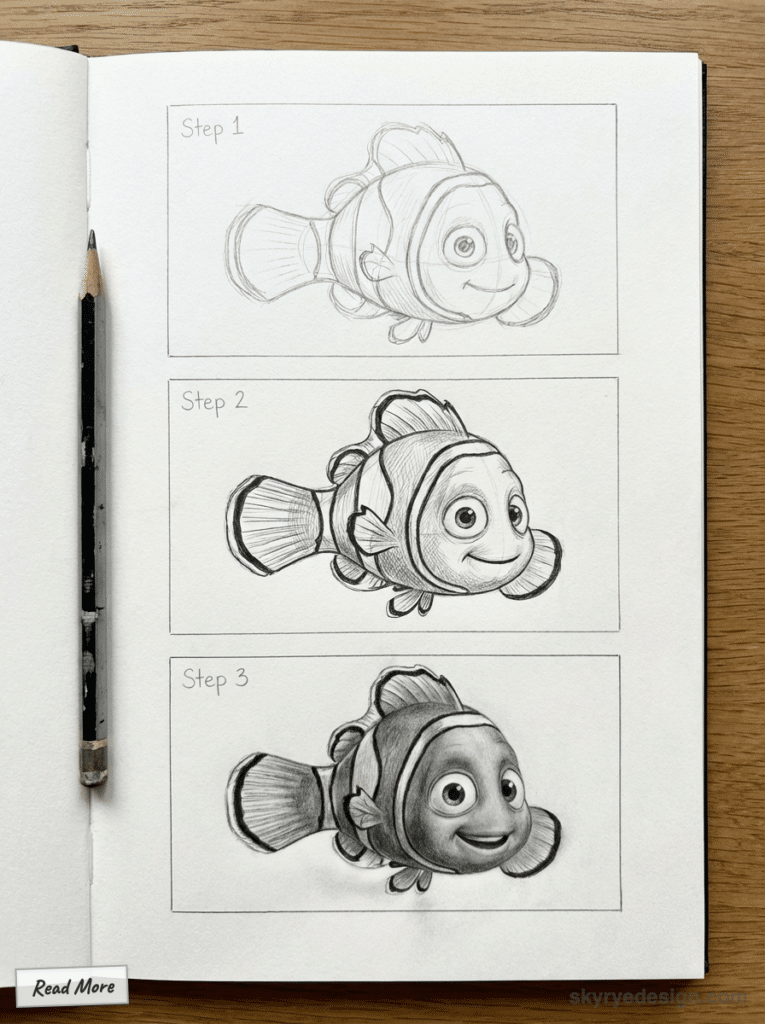 Step-by-step pencil sketch tutorial of a cartoon clownfish with a pencil and notebook, showing progression from outline to