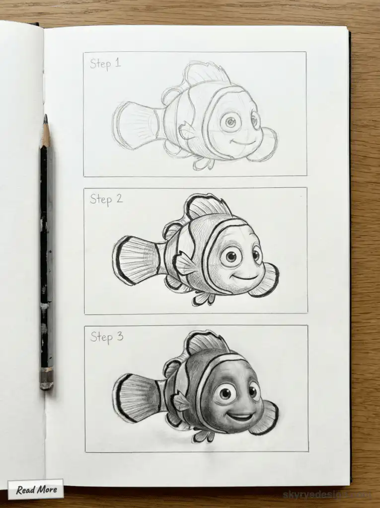 Step-by-step pencil sketch tutorial of a cartoon clownfish with a pencil and notebook, showing progression from outline to