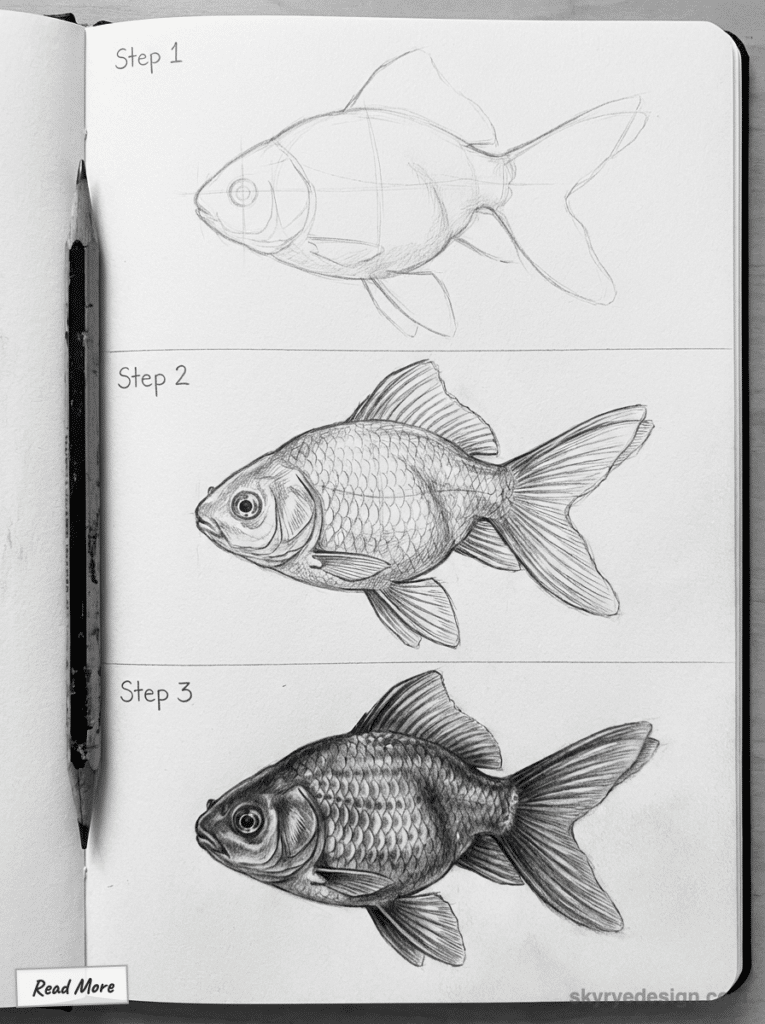 Three-step guide to sketching a realistic fish, from simple outlines to detailed shading, with pencil on paper.