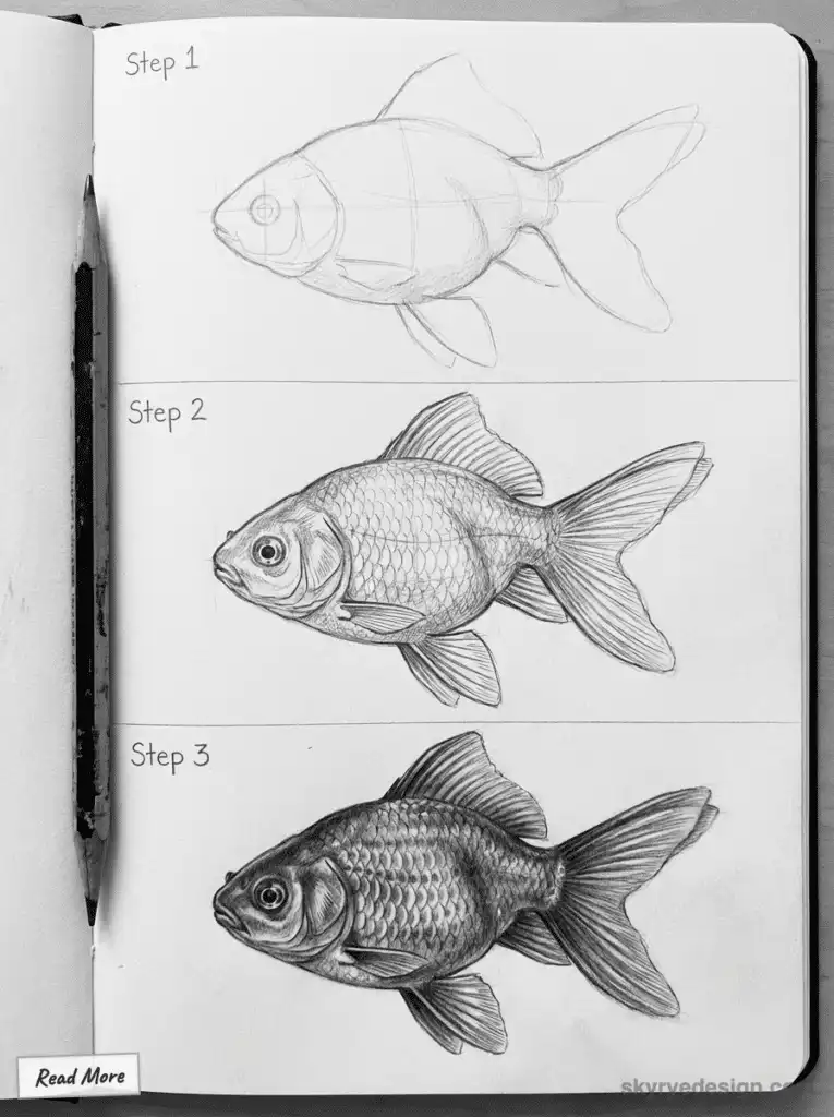 Three-step guide to sketching a realistic fish, from simple outlines to detailed shading, with pencil on paper.