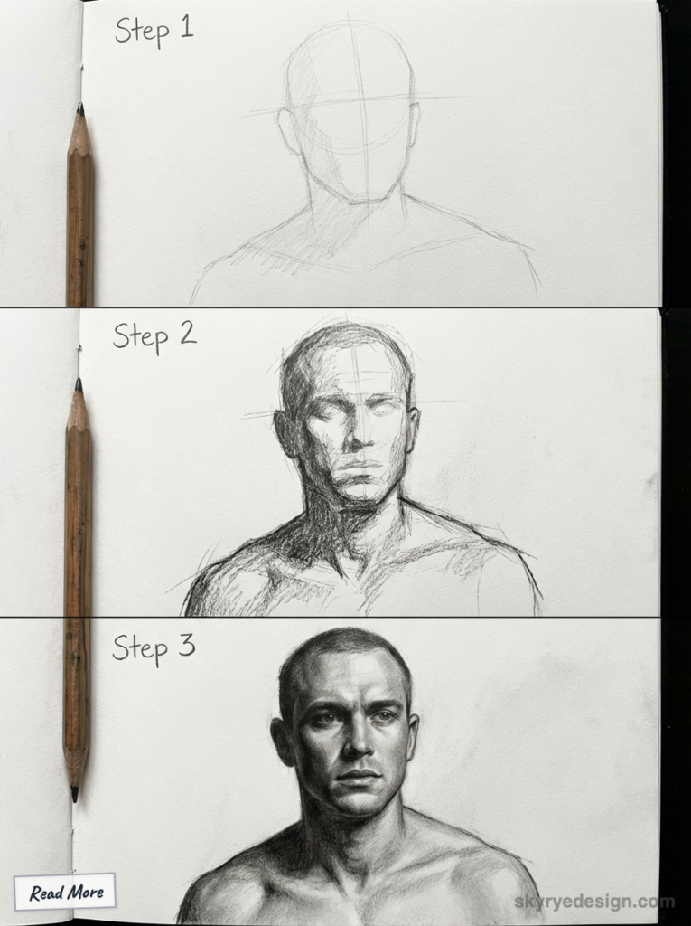 Step-by-step pencil portrait drawing process from sketch to detailed realism featuring a male figure.