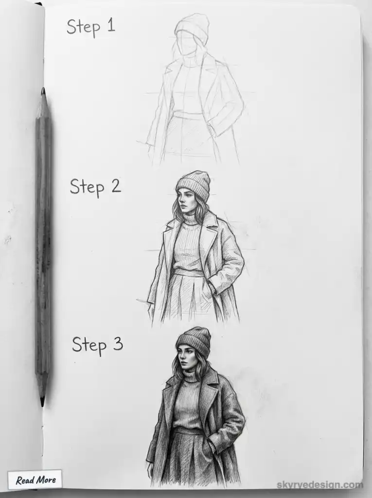 Three-step pencil drawing tutorial of a woman in a beanie, showing progression from sketch to detailed illustration on a notebook page.