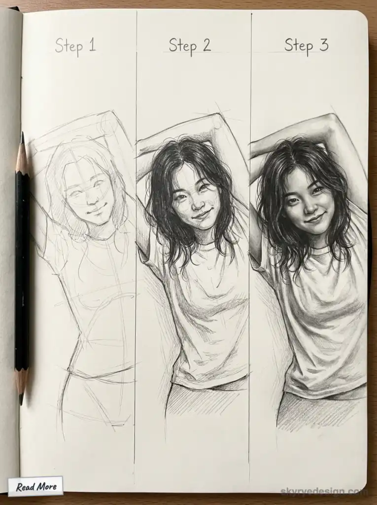 Step-by-step portrait drawing tutorial sketching a woman's face and upper body with pencil on paper. Art progression from outline to detail.