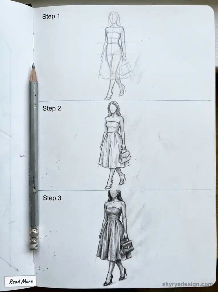 Fashion illustration sketching steps showing the drawing of a woman in a dress with a handbag, from outline to detailed shading.