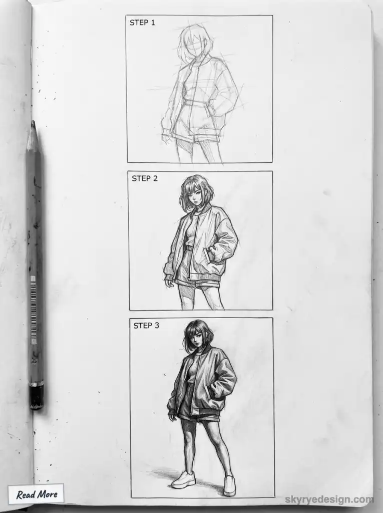 Step-by-step pencil drawing progression of a person in a jacket, from sketch to detailed illustration, on a notebook page.