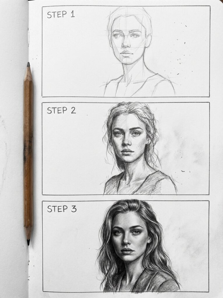 sketch-tutorial 22 Pencil drawing tutorial: Step-by-step guide showing progression from basic sketch to realistic portrait with a pencil on paper. | Sky Rye Design Pencil drawing tutorial: Step-by-step guide showing progression from basic sketch to realistic portrait with a pencil on paper.