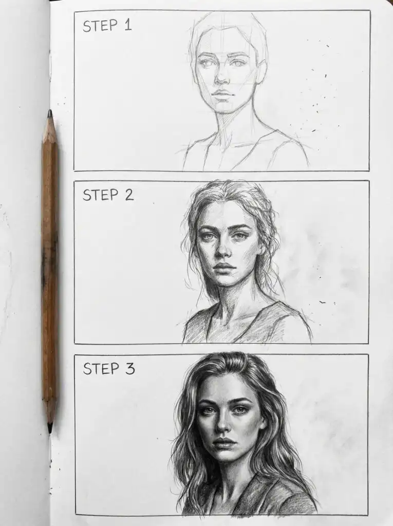 sketch-tutorial 22 Pencil drawing tutorial: Step-by-step guide showing progression from basic sketch to realistic portrait with a pencil on paper. | Sky Rye Design Pencil drawing tutorial: Step-by-step guide showing progression from basic sketch to realistic portrait with a pencil on paper.