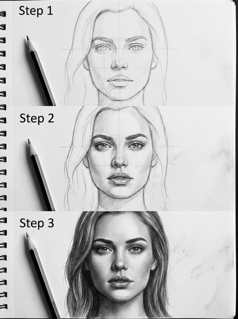 sketch-tutorial 23 Three-step portrait drawing tutorial: sketch, refine details, and complete shading. Pencils and sketchbook visible. Perfect for beginners. | Sky Rye Design Three-step portrait drawing tutorial: sketch, refine details, and complete shading. Pencils and sketchbook visible. Perfect for beginners.