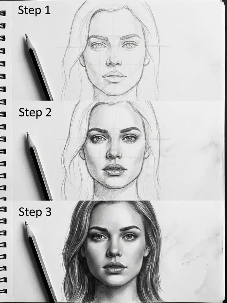 sketch-tutorial 23 Three-step portrait drawing tutorial: sketch, refine details, and complete shading. Pencils and sketchbook visible. Perfect for beginners. | Sky Rye Design Three-step portrait drawing tutorial: sketch, refine details, and complete shading. Pencils and sketchbook visible. Perfect for beginners.