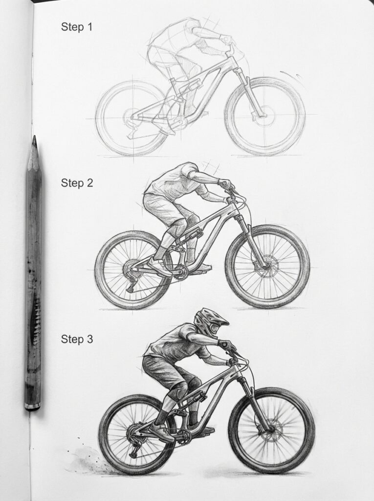 Step-by-step sketch of a mountain biker, showing progression from outline to detailed drawing with a pencil alongside.