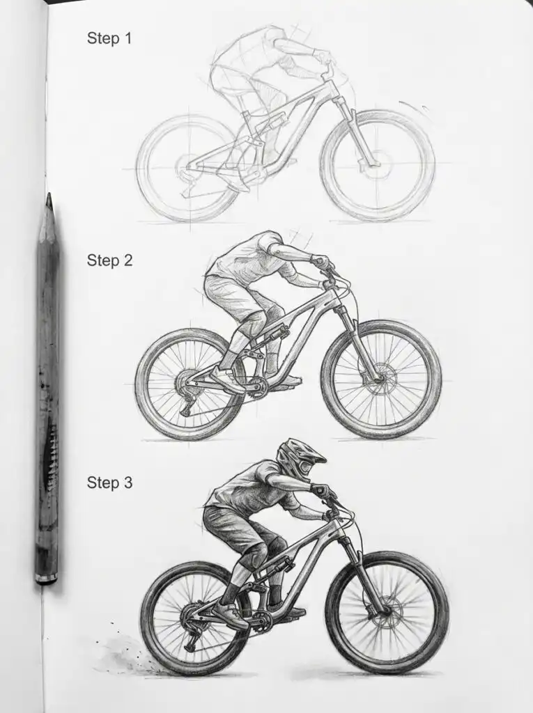 Step-by-step sketch of a mountain biker, showing progression from outline to detailed drawing with a pencil alongside.