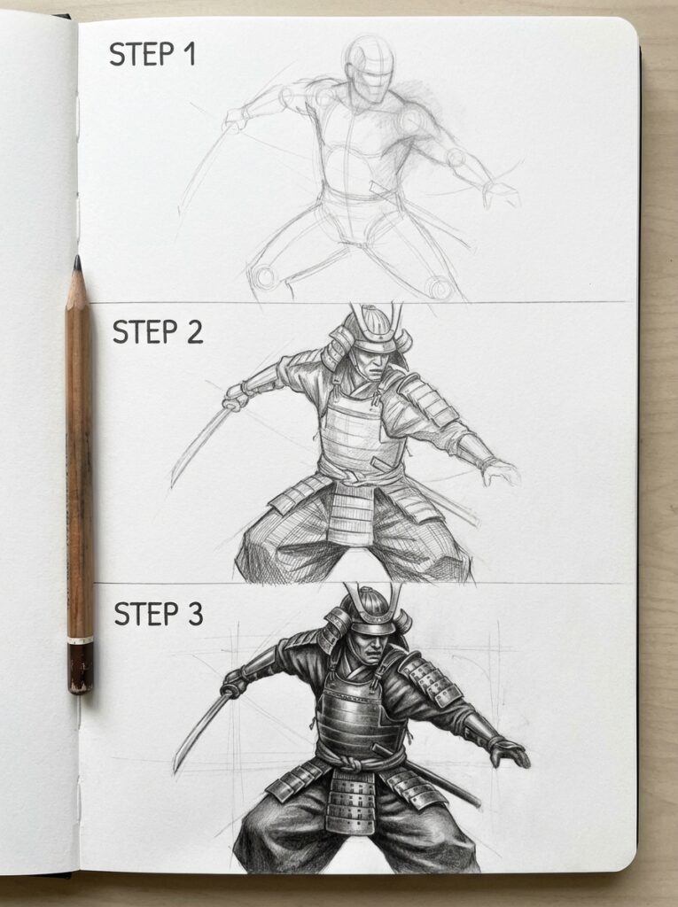 sketch-tutorial 3 Drawing process of a samurai warrior in three steps from sketch to detailed illustration in a notebook with a pencil beside. | Sky Rye Design Drawing process of a samurai warrior in three steps from sketch to detailed illustration in a notebook with a pencil beside.