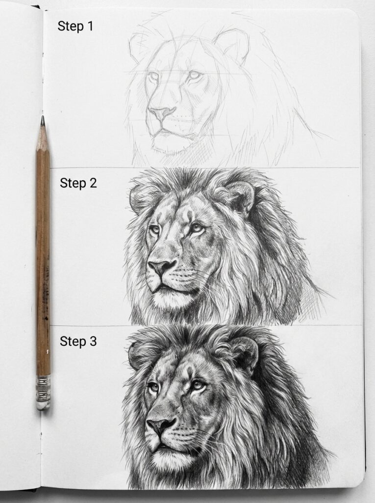 sketch-tutorial 4 Three-step lion drawing tutorial from sketch to detailed pencil art on a notepad with a pencil alongside. | Sky Rye Design Three-step lion drawing tutorial from sketch to detailed pencil art on a notepad with a pencil alongside.