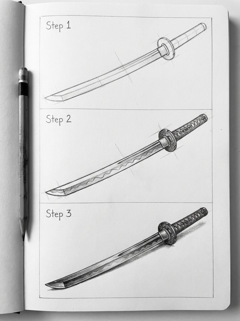 sketch-tutorial 4 Step-by-step pencil drawing tutorial of a katana sword, showcasing the progression from outline to detailed sketch in a notebook. | Sky Rye Design Step-by-step pencil drawing tutorial of a katana sword, showcasing the progression from outline to detailed sketch in a notebook.