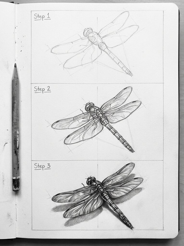 sketch-tutorial 6 Step-by-step guide to drawing a realistic dragonfly in pencil. Three stages of illustration show detailed progression from outline to shaded. | Sky Rye Design Step-by-step guide to drawing a realistic dragonfly in pencil. Three stages of illustration show detailed progression from outline to shaded.