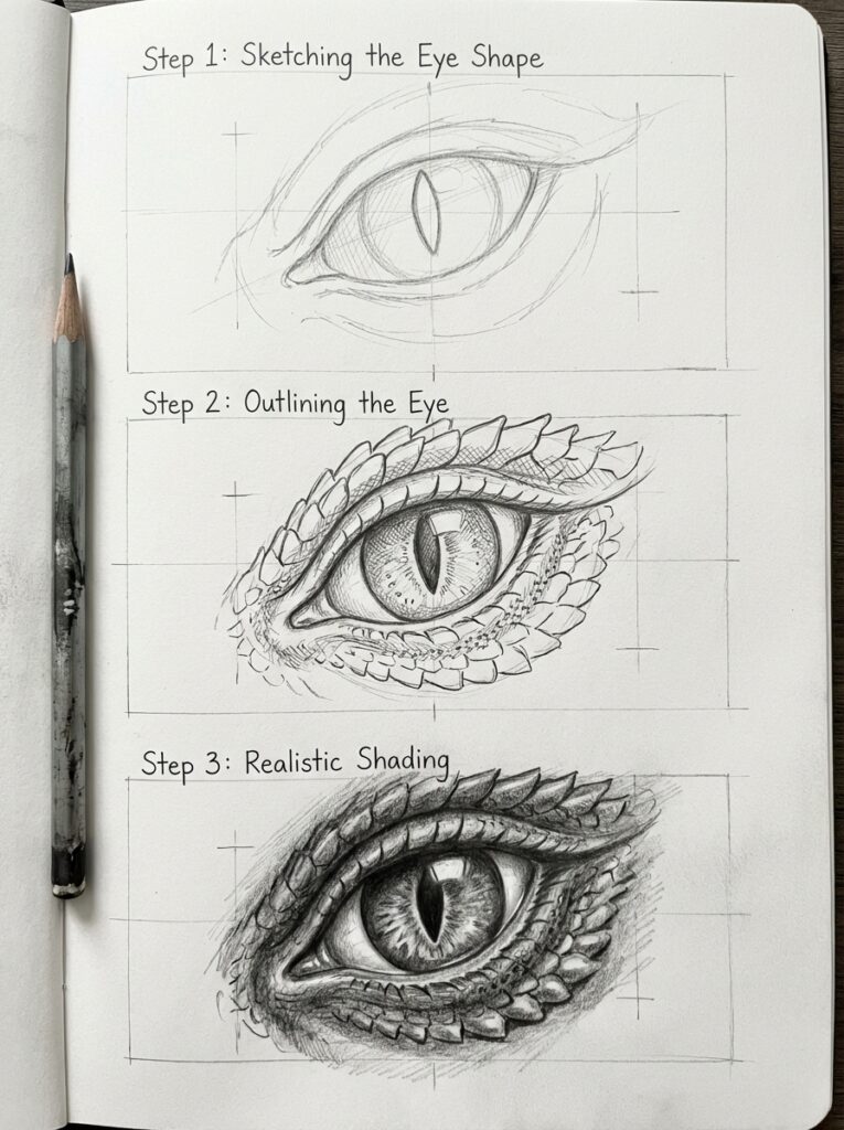 sketch-tutorial 6 Step-by-step guide to drawing a detailed reptile eye: sketching, outlining, and shading techniques demonstrated on a sketchbook page. | Sky Rye Design Step-by-step guide to drawing a detailed reptile eye: sketching, outlining, and shading techniques demonstrated on a sketchbook page.