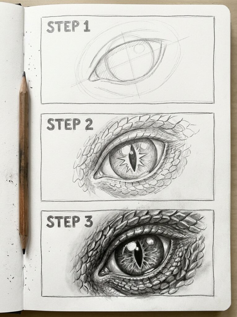 sketch-tutorial 7 Pencil drawing tutorial: step-by-step guide to sketch a realistic dragon eye with scales, detailed shading, and highlights. | Sky Rye Design Pencil drawing tutorial: step-by-step guide to sketch a realistic dragon eye with scales, detailed shading, and highlights.