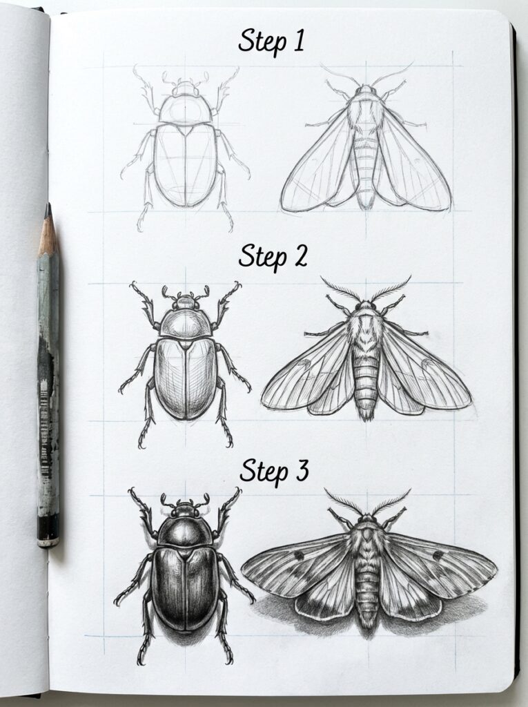 sketch-tutorial 7 Step-by-step guide to sketching insects: beetle and moth drawing progression from outline to detailed shading in a sketchbook. | Sky Rye Design Step-by-step guide to sketching insects: beetle and moth drawing progression from outline to detailed shading in a sketchbook.