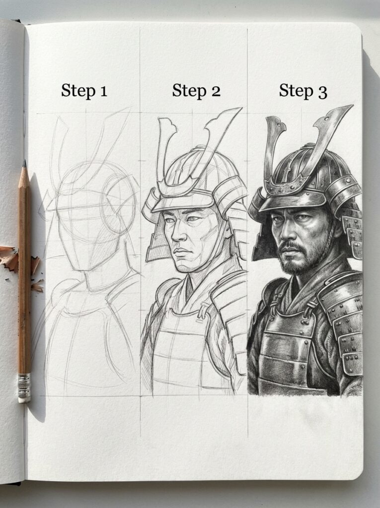 sketch-tutorial Drawing progression of a samurai from sketch to detailed illustration in 3 steps, showcasing artistic development with a pencil. | Sky Rye Design Drawing progression of a samurai from sketch to detailed illustration in 3 steps, showcasing artistic development with a pencil.