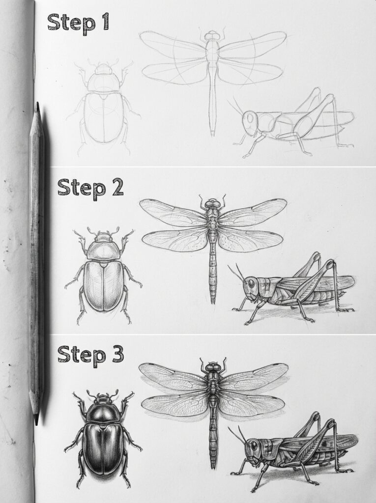 sketch-tutorial 8 Step-by-step guide to drawing insects: beetle, dragonfly, grasshopper; pencil sketch progress from outline to detailed shading. | Sky Rye Design Step-by-step guide to drawing insects: beetle, dragonfly, grasshopper; pencil sketch progress from outline to detailed shading.