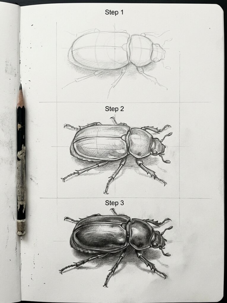 sketch-tutorial 9 Step-by-step beetle drawing tutorial with pencil, from sketch to detailed illustration, in a notebook. | Sky Rye Design Step-by-step beetle drawing tutorial with pencil, from sketch to detailed illustration, in a notebook.