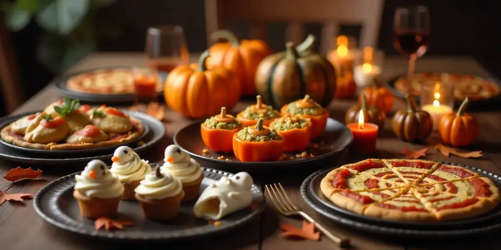 spooky-savory-halloween-recipes-2025 Halloween-themed dinner table with pizzas, ghost cupcakes, and mini pumpkin dishes surrounded by candles and decorative pumpkins. | Sky Rye Design Halloween-themed dinner table with pizzas, ghost cupcakes, and mini pumpkin dishes surrounded by candles and decorative pumpkins.