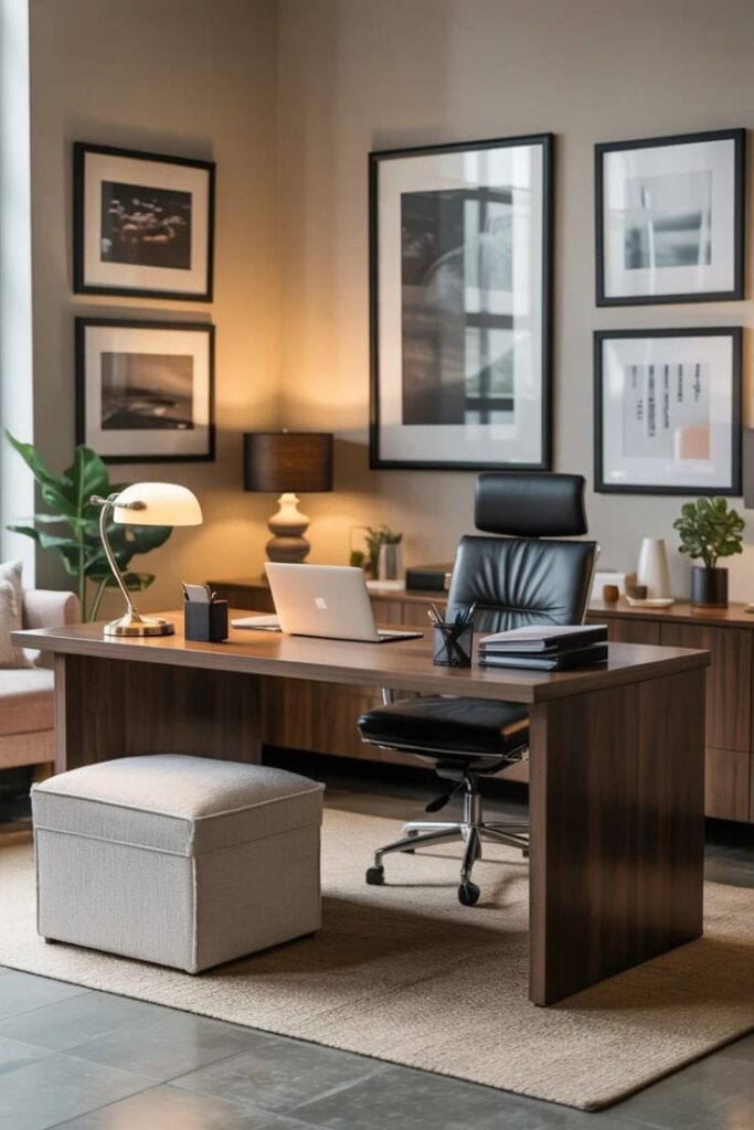 srthbset Modern home office with wooden desk, leather chair, and stylish decor, featuring framed art and soft lighting for a cozy workspace. | Sky Rye Design Modern home office with wooden desk, leather chair, and stylish decor, featuring framed art and soft lighting for a cozy workspace.