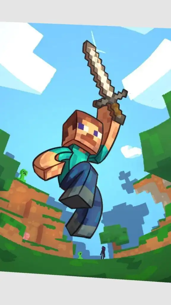 Pixelated character holding a sword in a vibrant, blocky landscape inspired by Minecraft, with clear skies and green terrain.