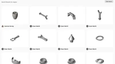 Thangs search results displaying various 3D engine parts models, including pistons and gears, designed by Evan Hecht and Joanna Harvey.