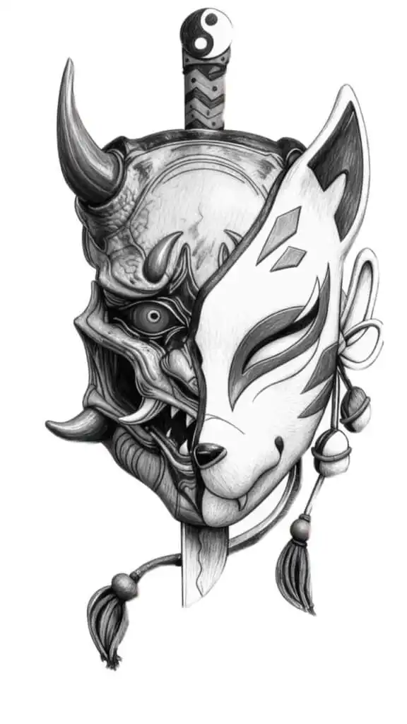 throhwa half Intricate yin and yang sword art blending oni and kitsune masks, symbolizing duality and harmony in Japanese culture. | Sky Rye Design Intricate yin and yang sword art blending oni and kitsune masks, symbolizing duality and harmony in Japanese culture.
