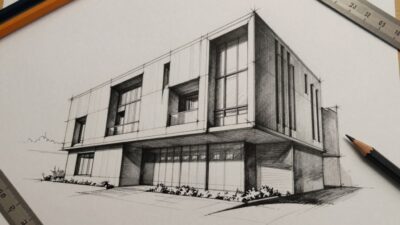 Architectural drawing of a modern building facade.