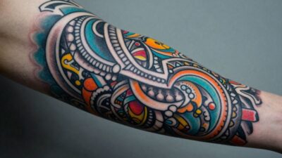 Detailed sleeve tattoo design on an arm.